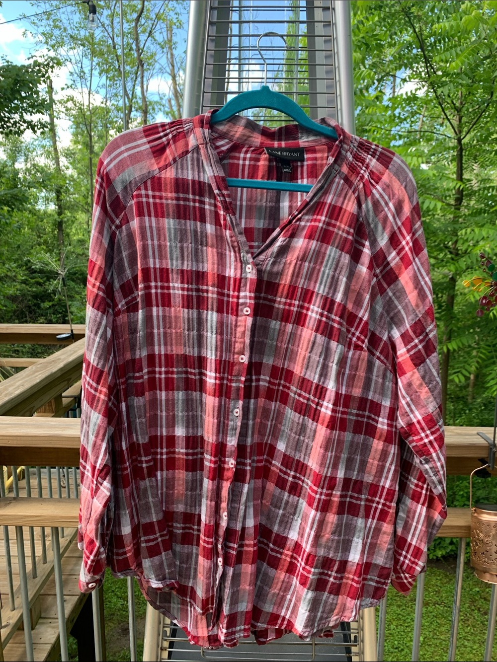 Lane Bryant Red and White Plaid Collarless Button-Down Shirt